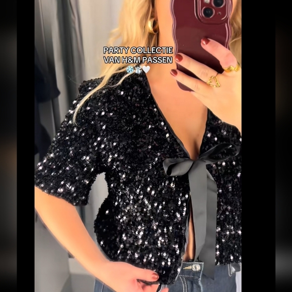 H&M Viral Black Sequin Ribbon Bow Cardigan Blouse Size S M L NWT - Picture 12 of 13